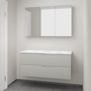 Linie Ribbo hängendes Möbelstück Set: 120 x 46 cm, Greige, mit Baro Doppelwaschtisch, Porzellan, Weiß glänzend, Vertikale symmetrische runde Rippe und Montro Spiegelschrank
