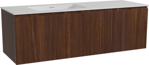 Storke Ribs zwevend badkamermeubel 150 x 52 cm notelaar met Mata asymmetrisch linkse wastafel in solid surface mat wit, Verticale symmetrische rechte ribbel