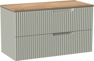 Linie Ribbo zwevend badkamermeubel 100 x 46 cm greige met Lado enkel of dubbel tablet in melamine natuur eik, Verticale symmetrische ronde ribbel