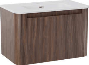 Storke Soft hängendes Möbelstück Set: 80 x 46 cm, Nussbaum, mit Kera Soft Einzelwaschtisch Keramik Weiβ matt, Vertikale symmetrische gerade Rippe