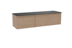 Balmani Forma hängendes Möbelstück Set: 180 x 55 cm, Naturbelassene Eiche, mit Stretto Einzel- oder Doppel Waschtischplatte, Granit, Schwarzes Granit, Horizontale symmetrische gerade Rippe