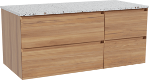 Balmani Mitra zwevend badkamermeubel 120 x 55 cm teak met Stretto enkel of dubbel tablet in mat wit/zwart terrazzo