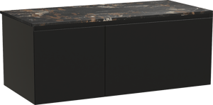 Balmani Idra hängendes Möbelstück Set: 120 x 55 cm, Schwarz matt, mit Stretto Einzel Waschtischplatte, Marmor Portoro Gold