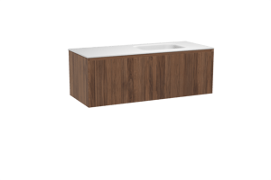 Balmani Fila zwevend badkamermeubel 135 x 55 cm notelaar met Tablo Arcato asymmetrisch rechtse wastafel in solid surface mat wit, Verticale symmetrische rechte ribbel