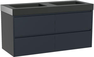 Storke Seda zwevend badmeubel 130 x 52 cm nachtblauw met Scuro High dubbele wastafel in kwarts mat zwart