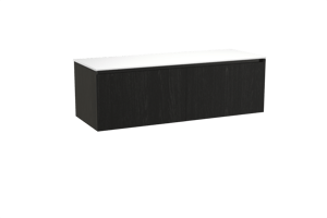 Balmani Fila zwevend badmeubel 150 x 55 cm zwart eiken met Stretto enkel of dubbel wastafelblad in solid surface mat wit, Verticale symmetrische rechte ribbel