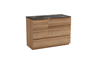 Balmani Lucida freistehendes Möbelstück Set: 120 x 55 cm, Teak, mit Stretto Einzel Waschtischplatte, Marmor Portoro Gold