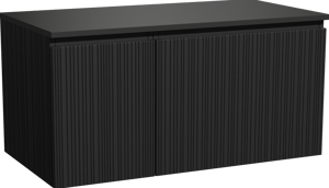 Storke Ribs zwevend badkamermeubel 100 x 52 cm zwarte eik met Panton enkel tablet in gepoedercoate mdf mat zwart, Verticale asymmetrische rechte ribbel