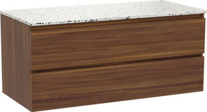 Balmani Lucida meuble salle de bains suspendu 120 x 55 cm noyer américain avec Stretto tablette simple ou double en blanc/noir mat terrazzo