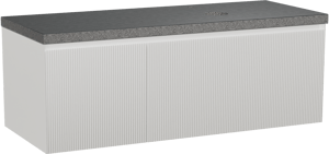 Balmani Fila zwevend badmeubel 135 x 55 cm mat wit met Rock asymmetrisch rechtse wastafel in zwart graniet, Verticale symmetrische rechte ribbel