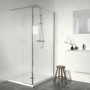 Linie Walk-In Dusche: Feste Seitenwand, 100 x 200 cm, Klarglas mit satiniertem Streifen, Chrom Profil, glänzend