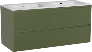 Storke Seda hängendes Möbelstück Set: 130 x 52 cm, Olivgrün, mit Diva Doppelwaschtisch, Marmorkomposit Weiß glänzend