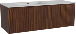 Storke Ribs zwevend badmeubel 140 x 52 cm notenhout met Diva asymmetrisch linkse wastafel in composietmarmer hoogglans wit, Verticale symmetrische rechte ribbel