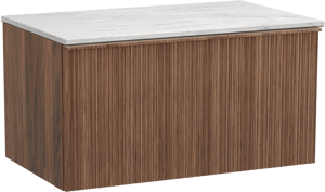Balmani Forma zwevend badkamermeubel 90 x 55 cm amerikaanse notelaar met Stretto enkel tablet in marmer carrara, Verticale asymmetrische ronde ribbel