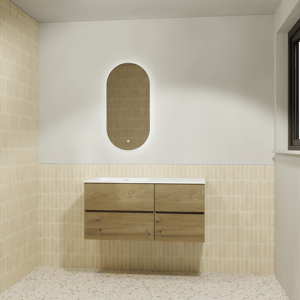 Storke Edge meuble salle de bains suspendu 110 x 52 cm chêne brut avec Diva vasque asymétrique gauche en marbre composite blanc brillant et Somma miroir