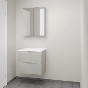 Linie Ribbo hängendes Möbelstück Set: 60 x 46 cm, Greige, mit Vano Einzelwaschtisch, Marmorkomposit, Weiß matt, Vertikale symmetrische runde Rippe und Montro Spiegelschrank