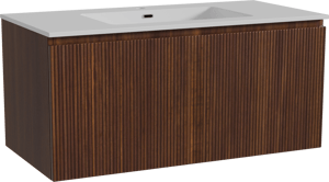 Storke Ribs zwevend badmeubel 105 x 52 cm notenhout met Diva enkele wastafel in composietmarmer hoogglans wit, Verticale symmetrische rechte ribbel