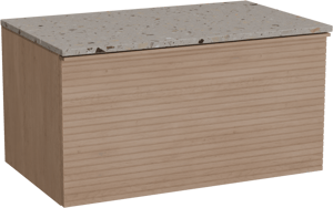 Balmani Forma hängendes Möbelstück Set: 90 x 55 cm, Naturbelassene Eiche, mit Stretto Einzel Waschtischplatte, Terrazzo in Greige, Horizontale symmetrische gerade Rippe