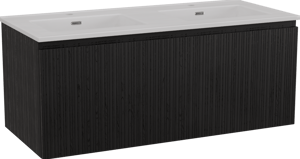 Storke Ribs zwevend badkamermeubel 120 x 52 cm zwarte eik met Kera dubbele wastafel in porselein mat wit