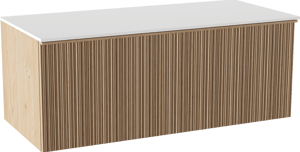 Balmani Forma meuble salle de bains suspendu 120 x 55 cm chêne naturel avec Stretto tablette simple ou double en solid surface blanc mat, Nervure circulaire asymétrique verticale