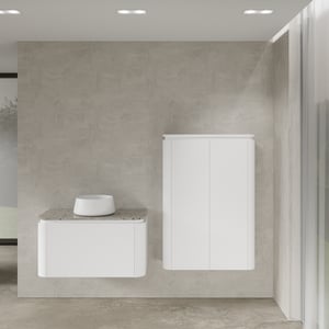 Balmani Moon hängendes Möbelstück Set: 100 x 55 cm, Weiß matt, mit Moon Einzel Waschtischplatte, Terrazzo in Greige mit Bag Aufsatzwaschbecken und Moon Badhochschrank