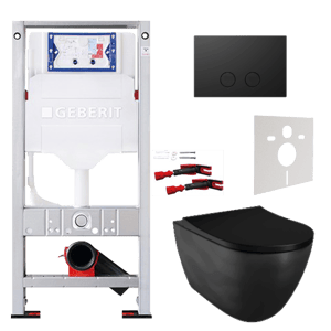 WC Set: Luca Varess Vinto Hänge WC, Schwarz matt, offener Spülrand, inkl. dünner WC Sitz, Burda Element für Wand-WC mit Geberit Sigma UP320 Spülkasten und Luca Varess Betätigungsplatte