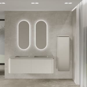 Balmani Moon hängendes Möbelstück Set: 160 x 55 cm, Seidengrau, mit Moon Doppelwaschtisch, Top Solid Seidengrau mit 2 Giro Badspiegel und Moon Badhochschrank