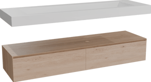 Balmani Mitra Elements zwevend badkamermeubel 180 x 55 cm natuur eik met Modus enkele wastafel voor 2 kraangaten in solid surface mat wit