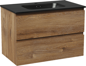 Linie Lado zwevend badkamermeubel 80 x 46 cm bruine eik met Baro enkele wastafel in porselein mat zwart