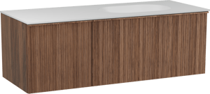 Balmani Forma meuble salle de bains suspendu 135 x 55 cm noyer américain avec Tablo Oval vasque asymétrique droite en solid surface blanc mat, Nervure circulaire asymétrique verticale