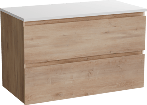 Linie Lado zwevend badkamermeubel 90 x 46 cm natuur eik met Lado enkel tablet in composietmarmer mat wit