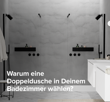 Modernes Badezimmer von x²o Badezimmer mit Doppeldusche, schwarzen Duschköpfen und deutschem Titeltext über doppelte Duschen.
