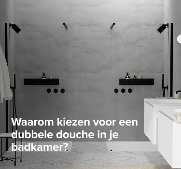 Moderne dubbele douche van x²o badkamers met twee douchezones, zwarte details en Nederlandse titeltekst over een dubbele douche in de badkamer.