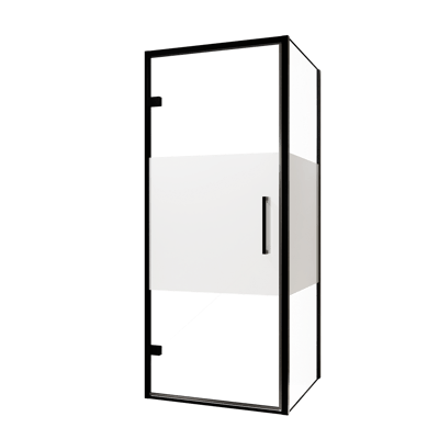 Balmani Senses Design Eckdusche: Drehtür (Links) mit fixierte Seitenwand, 90 x 100 cm, Klarglas mit mattiertem Streifen, Profil Schwarz