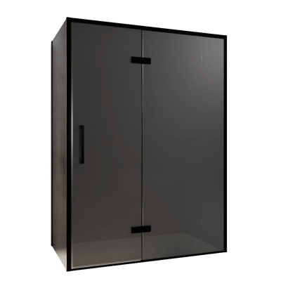 Balmani Senses Design douche en coin avec porte pivotante à droite et paroi latérale fixe, 140 x 100 cm, Verre fumé, Profil noir