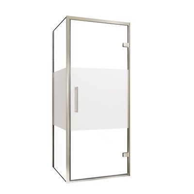 Balmani Senses Design Eckdusche: Drehtür (Rechts) mit fixierte Seitenwand, 90 x 100 cm, Klarglas mit mattiertem Streifen, Profil Brushed CoolMetal