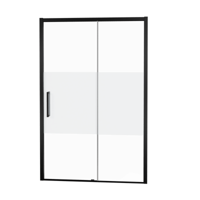 Balmani Senses Design douche schuifdeur rechts 160 cm x 210 cm Helder glas met matte strook glas, Zwarte profielen