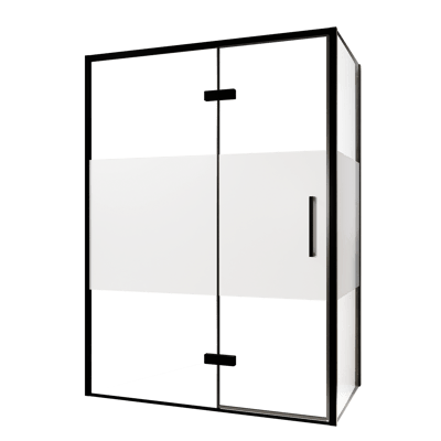 Balmani Senses Design douche d'angle avec porte pivotante à gauche et paroi latérale fixe, 140 x 80 cm, Verre transparent avec bande mate, Profil noir