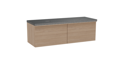 Balmani Forma hängendes Möbelstück Set: 150 x 55 cm, Naturbelassene Eiche, mit Rock Doppel Waschtischplatte, Granit, Schwarzes Granit, Horizontale symmetrische gerade Rippe
