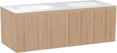 Balmani Fila meuble salle de bains suspendu 135 x 55 cm chêne naturel avec Tablo Oval double vasque en solid surface blanc mat, Nervure droite symétrique verticale