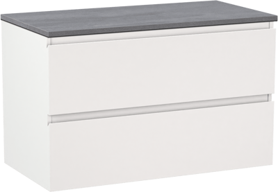 Linie Lado hängendes Möbelstück Set: 90 x 46 cm, Weiß matt, mit Lado Einzel Waschtischplatte, Melamin Beton dunkelgrau