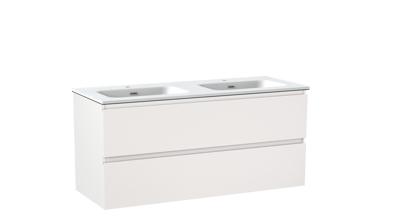 Linie Lado meuble salle de bains suspendu 120 x 46 cm blanc mat avec Baro double vasque en porcelaine blanc mat