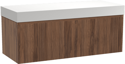 Balmani Fila zwevend badmeubel 135 x 55 cm notenhout met Dominus enkel of dubbel wastafelblad in solid surface mat wit, Verticale symmetrische rechte ribbel