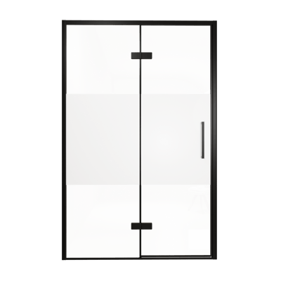 Balmani Senses Design Dusche Drehtür, Links, 140 cm x 210 cm, Klarglas mit mattiertem Streifen, Profil Schwarz