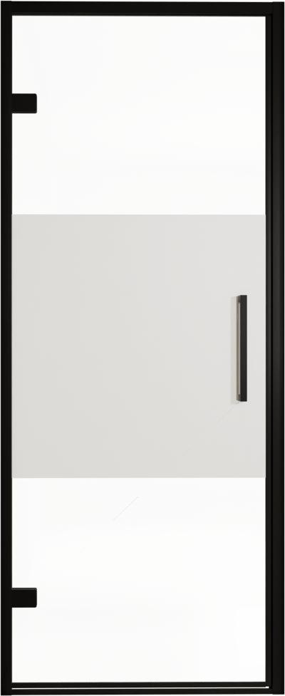 Balmani Senses Design Dusche Drehtür, Links, 90 cm x 210 cm, Klarglas mit mattiertem Streifen, Profil Schwarz