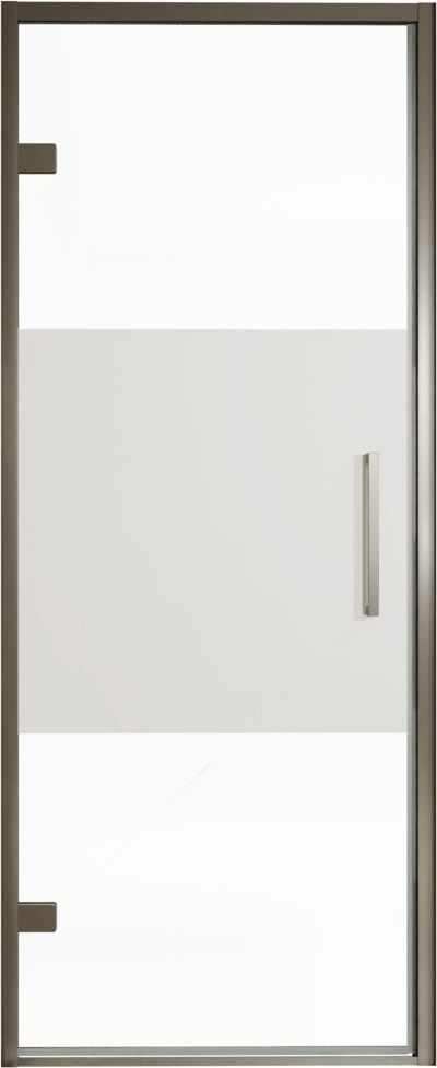 Balmani Senses Design Dusche Drehtür, Links, 90 cm x 210 cm, Klarglas mit mattiertem Streifen, Profil Brushed GunMetal