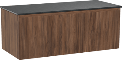 Balmani Fila hängendes Möbelstück Set: 120 x 55 cm, Nussbaum, mit Stretto Einzel Waschtischplatte, Granit, Schwarzes Granit, Vertikale symmetrische gerade Rippe