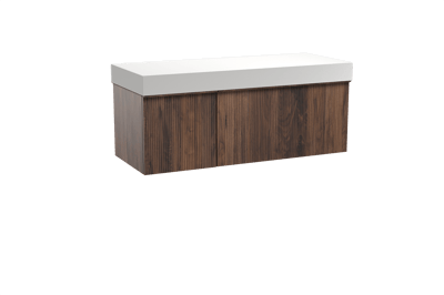 Balmani Forma zwevend badmeubel 135 x 55 cm amerikaans notenhout met Dominus enkel of dubbel wastafelblad in solid surface mat wit, Verticale symmetrische rechte ribbel