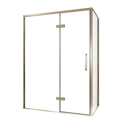 Balmani Senses Design Eckdusche: Drehtür (Links) mit fixierte Seitenwand, 140 x 90 cm, Klarglas, Profil Brushed Champagner Gold