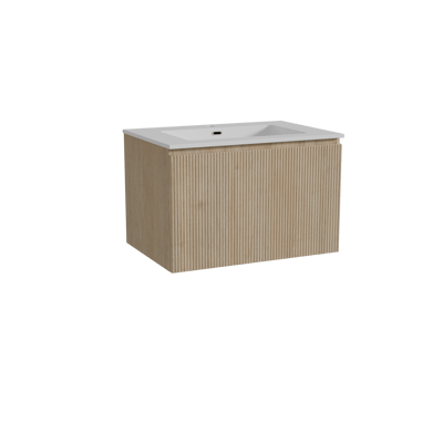 Storke Ribs meuble salle de bains suspendu 75 x 52 cm chêne brut avec Diva plan simple en marbre composite blanc brillant, Nervure droite symétrique verticale